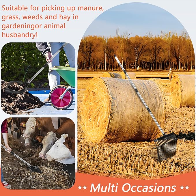 Manure Fork, Manure Fork Replacement Head – Heavy Plastic Horse Manure Fork with 69 Inch Spliced Extension Rod, Long Handle Fork for Hay, Compost, Barn, Horse Stable & Gardening（Black）