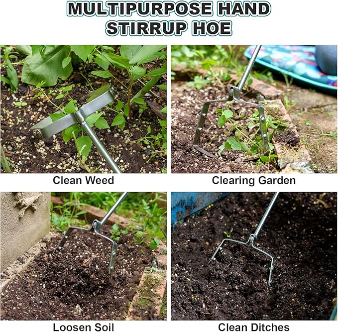 Berry&Bird Mini Hula Weeding Hoe 17.3''Stirrup Hoe Stainless Steel Weed Puller Tool Gardening Action Scuffle Loop Hoes Garden Tools with Wooden Hand Weeder Cultivator Cutting Roots Loosening Soil