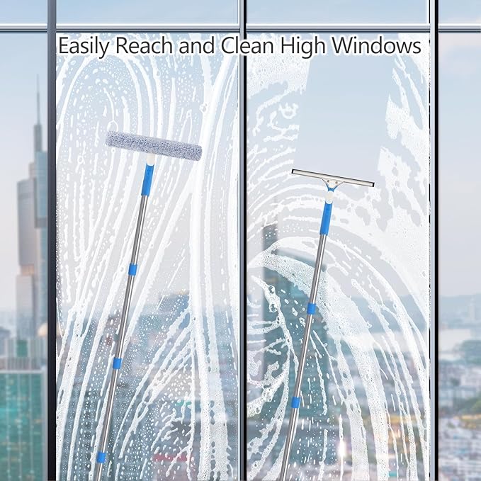 6.5 Feet Window Cleaning Kit with Extension Poles, Window Cleaner Tool with 14’’ Silicone Squeegee, 14’’ Microfiber Scrubber & Cloth, Window Washing Equipment for Indoor/Outdoor Windows