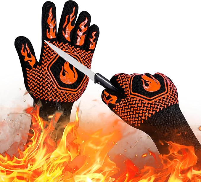 BBQ Fireproof Gloves, Grill Cut-Resistant Gloves 1472°F Heat Resistant Gloves, Non-Slip Silicone Oven Gloves, Kitchen Safe Cooking Gloves for Oven Mitts,Barbecue,Cooking, Frying,13.5 Inch-Orange