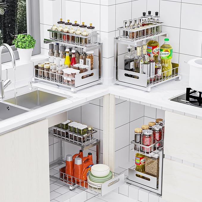 2 Pack Under Sink Organizer, 2-Tier Heavy Duty Metal Pull Out Cabinet Organizer Slide Out Sink Shelf Organizer Height Adustable, Multi-Purpose Storage Shelf for Kitchen Bathroom (Silver, 2 Pack)