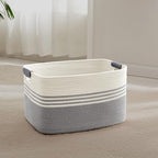 45L Small Laundry Basket with Leather Handles for Living Room Storage, Woven Rope Baskets Bin for Blanket, Kids Toy, Gifts, Wicker Hamper for Bedroom Dirty Clothes, 18"x14"x11" White Grey