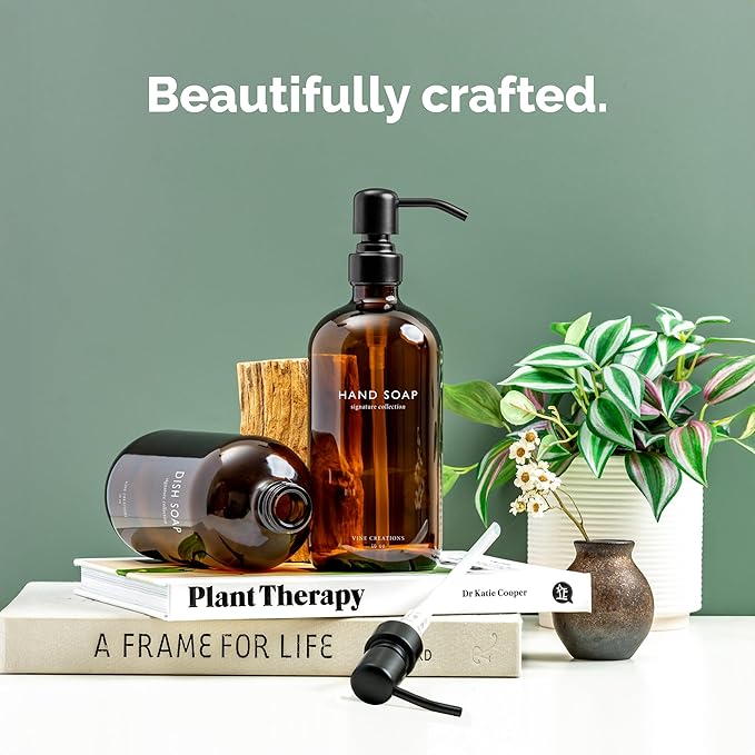 Vine Creations Amber Glass Soap Dispenser Set, Dish Soap and Hand Soap Dispenser Set with Stainless Steel Pump, 16 oz Glass Dispensers for Kitchen or Bathroom Decor (Amber Bottle/Matte Black Pump)