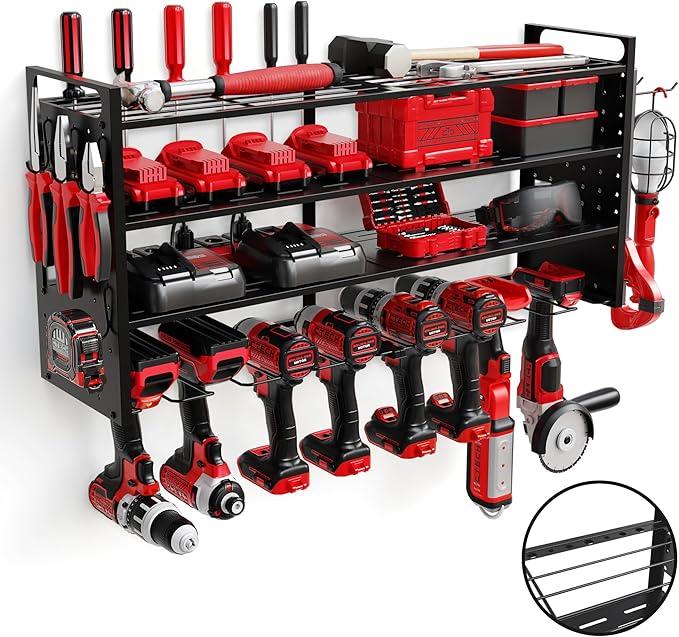 Power Tool Organizer Wall Mount - Power Tool Storage Rack with 3 Shelves, 8 Drill Holders, Bit Holder, Load 300 lbs, Pegboard Sides Storage for Tools- Garage Drill Organizer, Ultimate Workshop Station