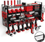 Power Tool Organizer Wall Mount - Power Tool Storage Rack with 3 Shelves, 8 Drill Holders, Bit Holder, Load 300 lbs, Pegboard Sides Storage for Tools- Garage Drill Organizer, Ultimate Workshop Station