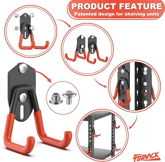 TORACK 15PCS Garage Storage System Hooks, Shelving Hooks for Keyhole Shelving Units Wall Mount Utility Hooks for Tools, Ladders, Cords, Folding Chairs, Shovels and Rakes(Orange)