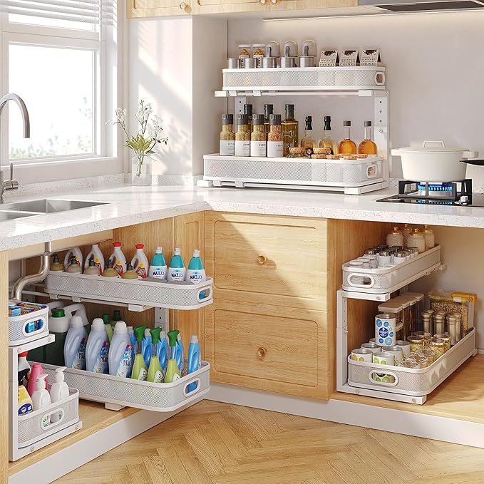 2 Pack 21.3IN-Depth Under Sink Organizer with Smooth Cylindrical Rail,2-Tier Pull Out Multi-Purpose Cabinet Storage for Bathroom&Kitchen,Height Adjustable,Rust-Resistant Coating-White
