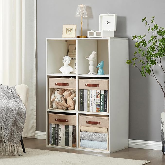 Storage Cube Organizer with Clear Window, Linen Collapsible Storage Boxes with PU Handles, Cube Storage Bins for Shelf, Closet, Cabinet, Bookcase (13x13x13, Khaki)