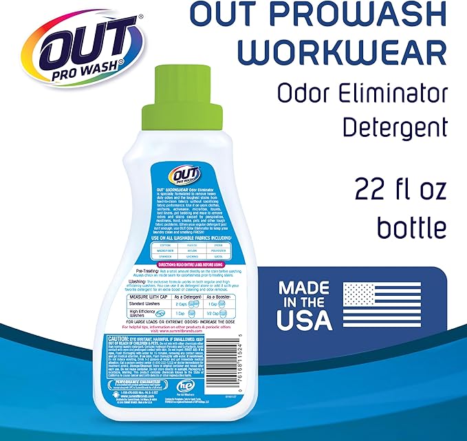 OUT ProWash Workwear Stain Remover Laundry Detergent and Odor Eliminator, Great for Work Clothes, Uniforms, Active Wear, and More, Made in the USA, 22 Ounce Bottle