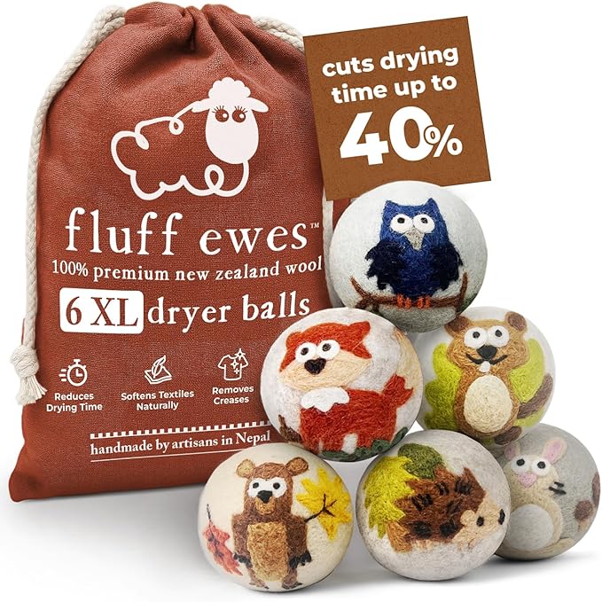 Hustle & Blush Fluff Ewes Wool Dryer Balls 6 Pack - XL Hedgehog and Homies Premium New Zealand Laundry Set, Reduces Drying Time, Static Control, Chemical Free, Ideal Holiday Gifts for Women & Men