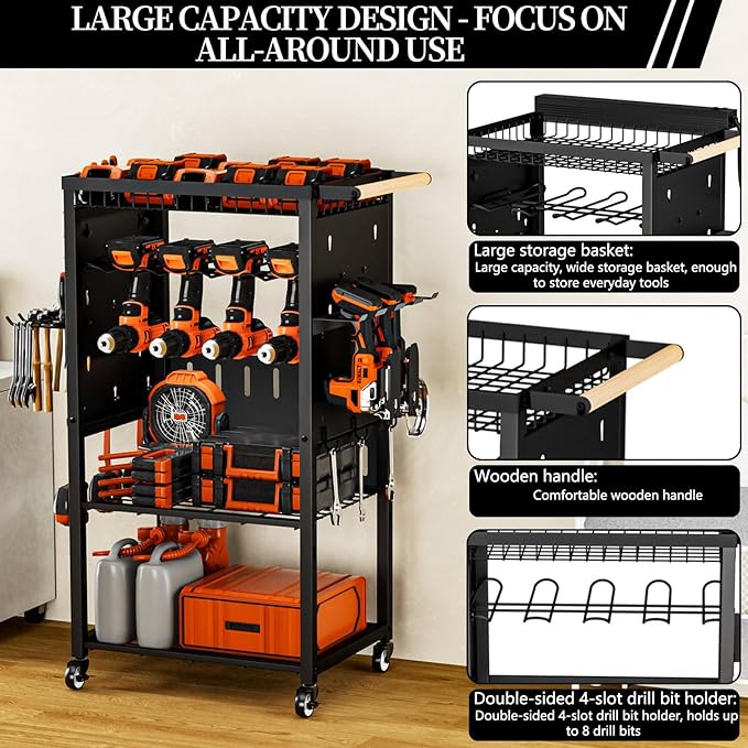 All-Metal Heavy-Duty Power Tool Organizer with Charging Station 8 AC Power Outlet Charging Station Tool Organizer 5 Layers + 5 Side Hooks Integrated Design Tool Organizers and Storage Practical