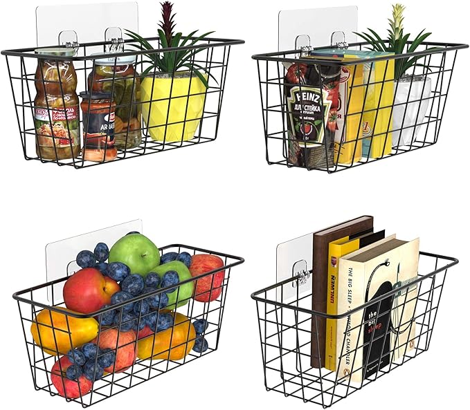 MaraFansie Over the Cabinet Door Organizer Wall Wire Baskets Hanging Kitchen Basket Shelf for Cabinet & Pantry Organization and Kitchen, Bathroom, Bedroom Storage, with Adhesive, 4 Pack