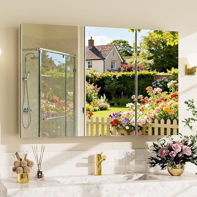 BEAUTYPEAK Bathroom Medicine Cabinet Mirror with Storage, 36 Inch x 26 Inch Silver Medicine Cabinet with Double Door & Adjustable Shelves for Vanity, Tempered, Aluminum Surface, Wall-mount or Recessed