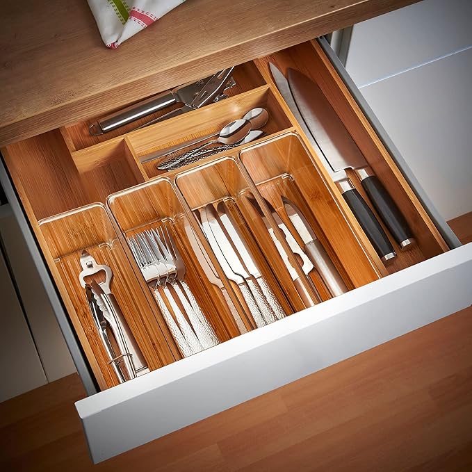 8 PACK Clear Stackable Drawer Organizer Bins, Plastic Organizer Bins for Cutlery Vanity Storage Tray for Bathroom Kitchen Office Desk Organizing