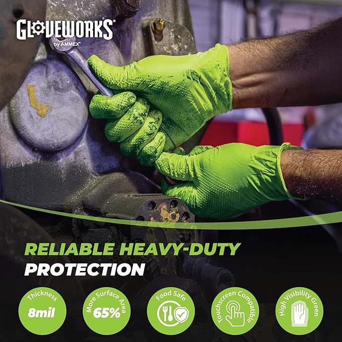 GLOVEWORKS HD Green Gloves, 8 Mil Nitrile Disposable Heavy Duty Raised Diamond Grip Mechanic Glove, Bulk Purchasing Options