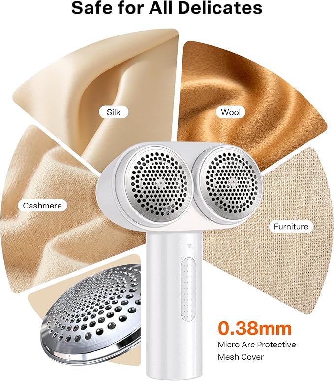 TORRAS Dual-Head Fabric Shaver, Longest Durability & 50ml Large Capacity Rechargeable Lint Removers to Remove Pills, 6-Leaf Blades Defuzzer, Electric Shaver for Clothes Couch Furniture, Pearl White