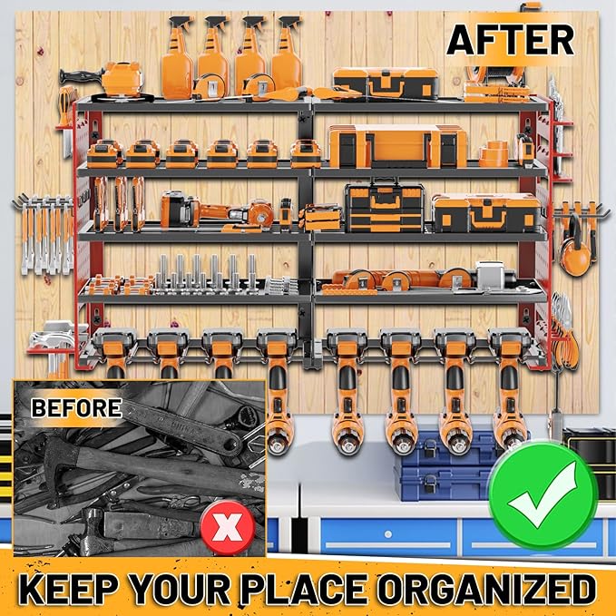 5 Layers Power Tool Organizer Wall Mount, Metal Cordless Tool Hanger Storage Rack Holder with 8 Drill Holders, Heavy Duty Garage Wall Tool Shelf for Workshop Tool Room Shed Pegboard Red