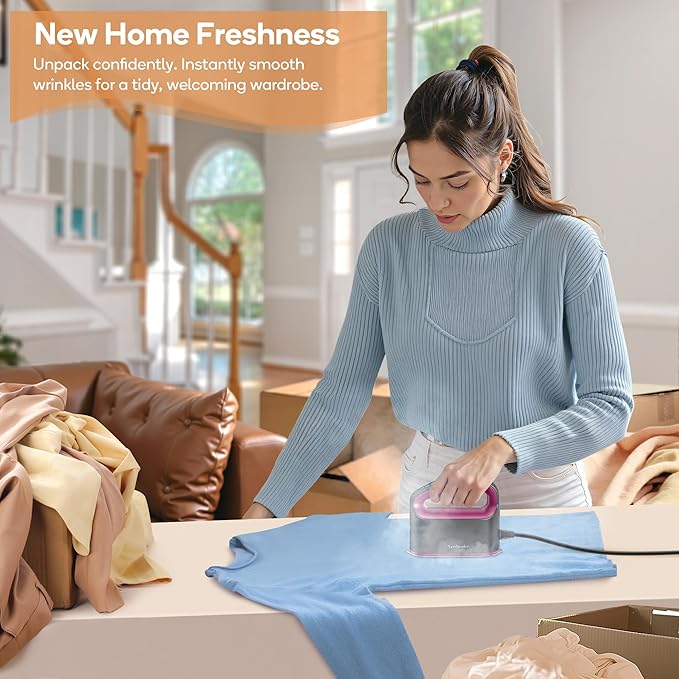 Newbealer Smart Steam Iron for Clothes - 1200W Professional-Grade Turbocharged 3 Steam & 3 Dry Heat Modes, 45s Heat-Up, 6oz Tank, Auto-Off, Nonstick Ceramic Soleplate for Home, RV & Hotel (Ash Pink)