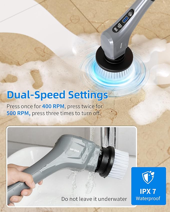 MR.SIGA Electric Spin Scrubber, Cordless Cleaning Brush, Shower Scrubber with 7 Replaceable Brush Head, Waterproof Bathroom Power Scrubber for Kitchen and Bathroom Cleaning