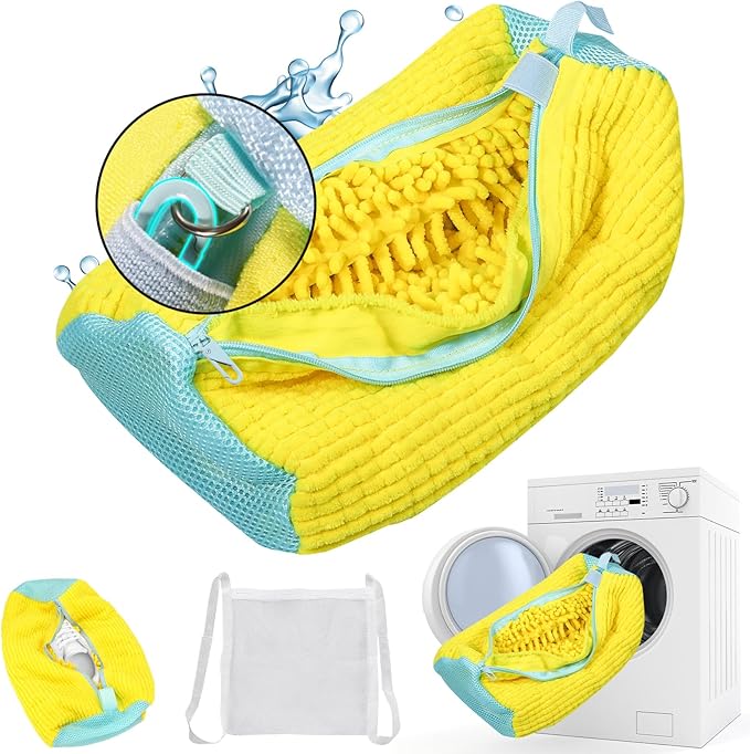 XXL Shoe Washing Machine Bag, 1 Pack Laundry Shoe Bag for Washer and Dryer, Sturdy Zipper with Hook Design, Dry Net Bag Included, Reusable for Sneaker, Tennis, Yellow 1PCS