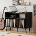 ChooChoo Record Player Stand, Turntable Stand with Vinyl Storage, Record Player Cabinet Up to 350 Albums, Cube Storage Organizer for Living Room, Black