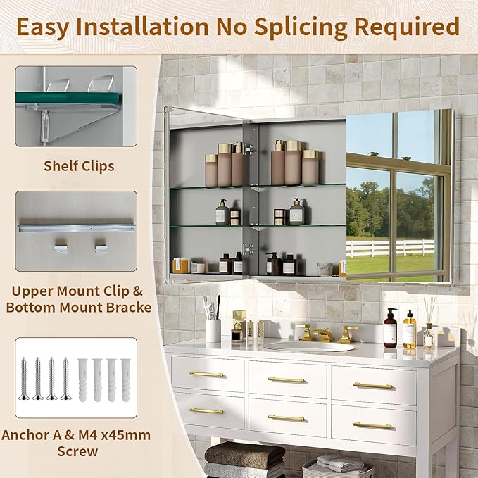 BEAUTYPEAK Bathroom Medicine Cabinet Mirror with Storage, 40 Inch x 26 Inch Silver Medicine Cabinet with Double Door & Adjustable Shelves for Vanity, Tempered, Aluminum Surface, Wall-mount or Recessed