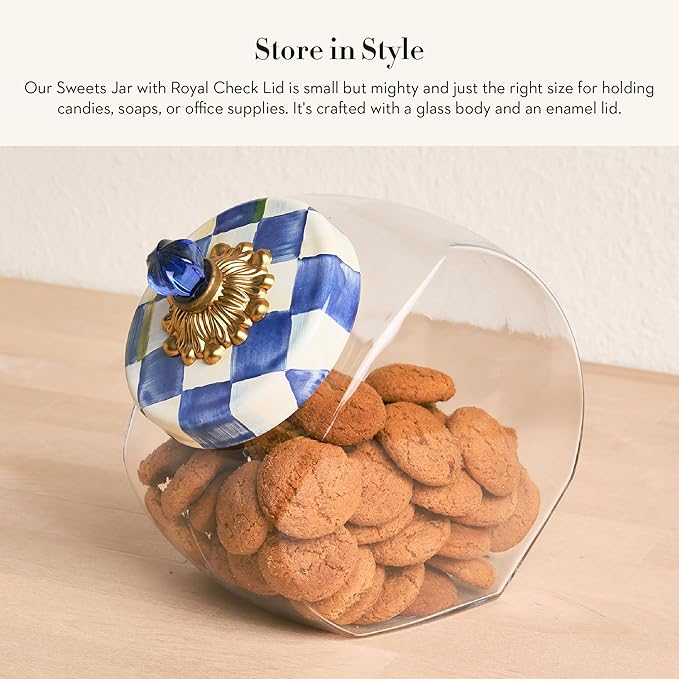 MACKENZIE-CHILDS Sweets Jar with Enamel Lid, Small Glass Cookie Jar or Kitchen Jar, 0.5-Gallon Capacity, Blue-and-White Royal Check
