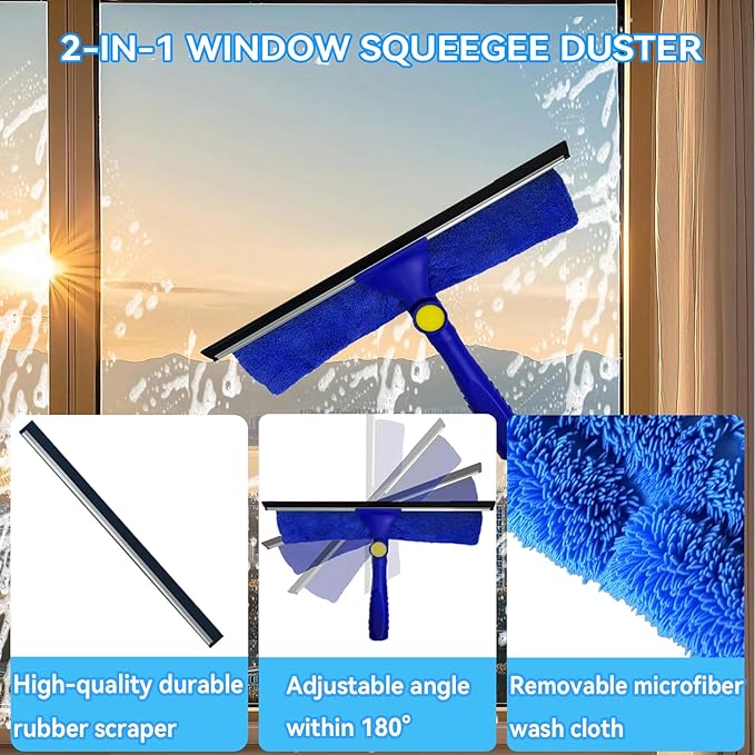 26FT+ Professional Window Cleaning Kit,High Reach Duster Kit,Spider Web Duster,with 20 ft Telescopic Pole 2 in 1 Window Cleaning Squeegee Kit for Outdoor & Indoor Cleaning