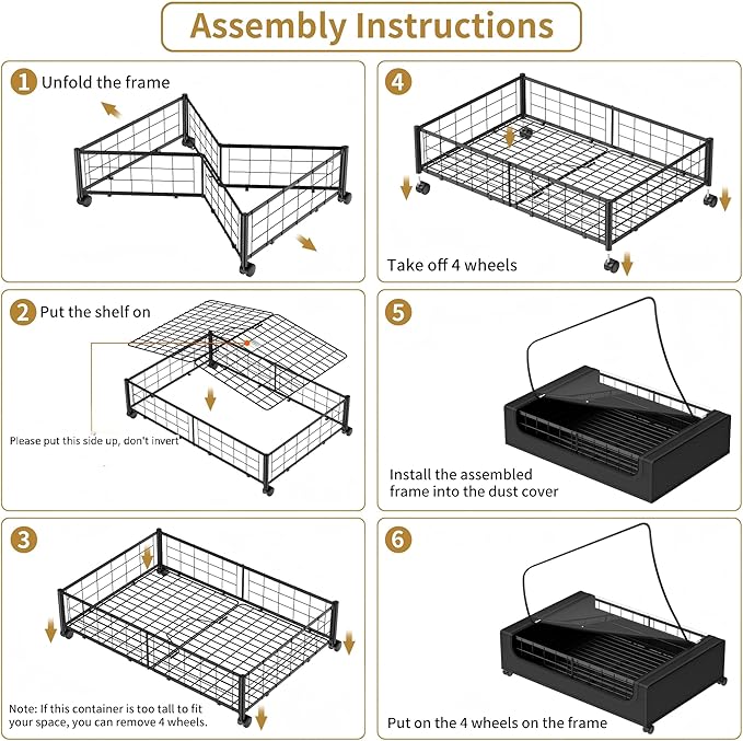 Under Bed Storage with Wheels and Cover, 360° Rolling Under Bed Metal Drawers for Clothes, Blankets, Books and Shoes,Black