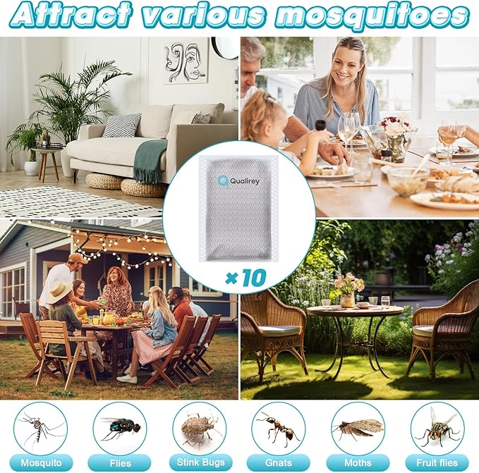 Qualirey 10 Pack Mosquito Attractant in Bulk, Lure for Bug Zapper Bait Refill Compatible with All Mosquito Trap Enhances Catch Rates for Indoor Outdoor Traps, Safe and Long Lasting