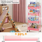4 Tier Metal Rolling Cart with Lockable Wheels and Handle, Four Tiered Pink Trolley Cart on Wheels, Utility Storage Organizer for Bathroom, Kitchen, Teachers, Art, Crafts, Baby Diaper, Snack, Nail