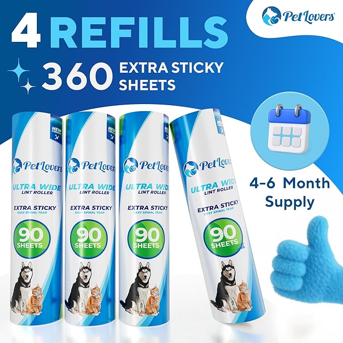 PetLovers Extra Sticky Floor Lint Roller 4 Pack of Refills Only - No Handles Included - 90 Sheets Per Refill 360 Sheets Total