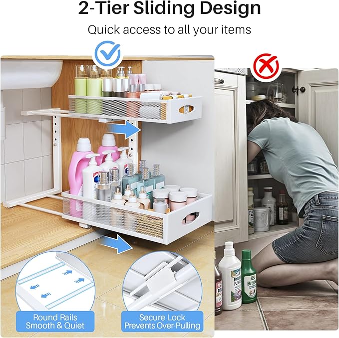 Under Sink Organizer, 2 Pack 2 Tier Pull Out Under Cabinet Organizer Shelf with Pad for Framed Cabinets, Metal Slide Out Under Sink Storage, Mesh Sliding Drawers for Kitchen Bathroom Laundry, White