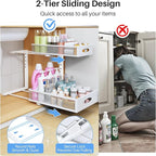 Under Sink Organizer, 2 Pack 2 Tier Pull Out Under Cabinet Organizer Shelf with Pad for Framed Cabinets, Metal Slide Out Under Sink Storage, Mesh Sliding Drawers for Kitchen Bathroom Laundry, White