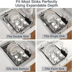 MAJALiS Expandable Stainless Steel Over The Sink Dish Drying Rack for Small Kitchen Counter Space Saving, Compact RV Plate Drainer Strainer in Black Wire Metal with Hanging Adjustable Utensil Holder
