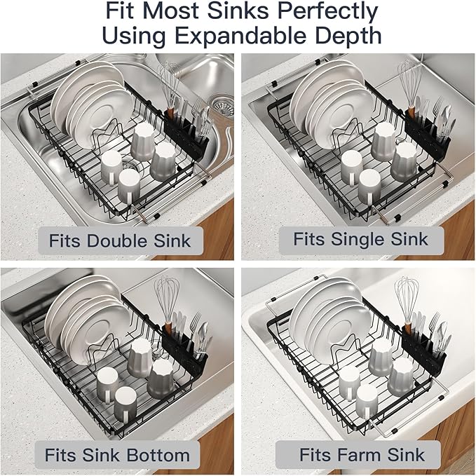 MAJALiS Expandable Stainless Steel Over The Sink Dish Drying Rack for Small Kitchen Counter Space Saving, Compact RV Plate Drainer Strainer in Black Wire Metal with Hanging Adjustable Utensil Holder