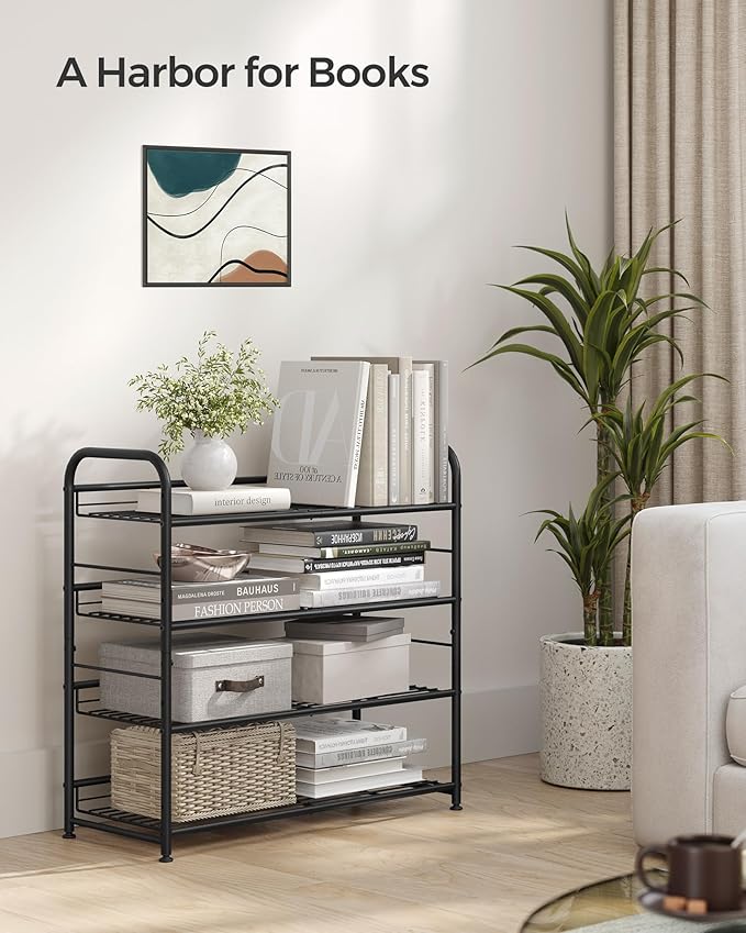 SONGMICS Stackable Shoe Rack, 4 Tier Metal Shoes Rack Storage Shelf, Holds up to 16 Pairs Shoes, Adjustable Slanted Shelves Shoe Tower Organizer for Closet Entryway Small Spaces, Black