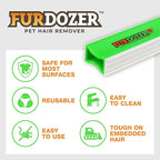 FurDozer Pet Hair Remover & Auto Detailing Tools - Cat & Dog Hair Remover for Carpets, Car Interiors, Couches, Bedding, & Pet Furniture (Green, X3 MEGA - 10" Long)