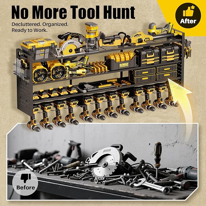 49'' W Power Tool Organizer Wall Mount | Large 620lbs Garage Storage Rack with 12 Cordless Drill Holder | 4-Tier Heavy Duty Metal Utility Shelf for Workshop Organization