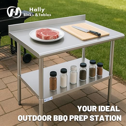 Hally Stainless Steel Table for Prep & Work 18 x 30 Inches, NSF Commercial Heavy Duty Table with Undershelf and Backsplash for Restaurant, Home and Hotel