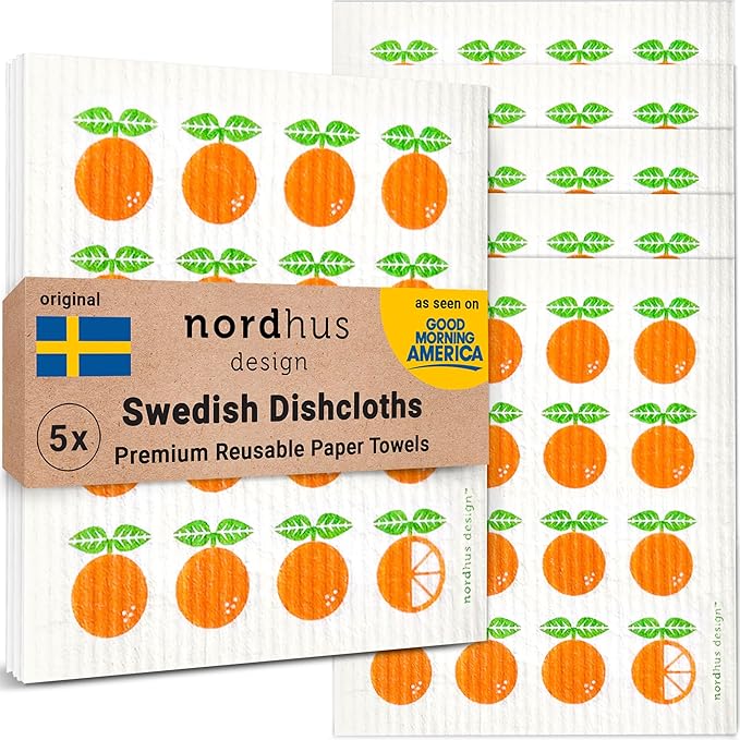 Nordhus Design Swedish Dishcloths, 5 Pack Oranges, Made in Sweden - Reusable, Washable Cellulose Cotton Kitchen Cloths - Replace Paper Towels, Wipes, Sponges, Dish Rags
