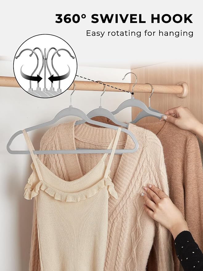 Smarter Plastic Hangers 200 Pack - Slim Non-Velvet Hangers with 360° Swivel Chrome Hook & Non Slip Notches - Ideal for Dresses Coats Shirts Jackets & More - Gray