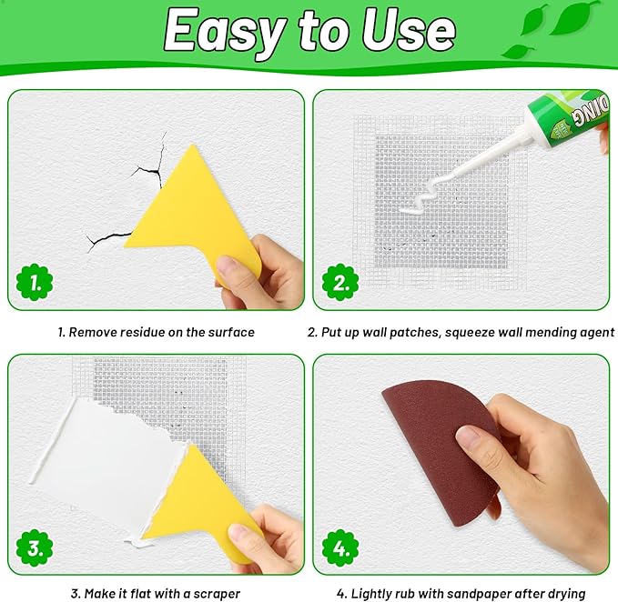 Mckanti Drywall Repair Kit - Spackle & Patch for Wall Holes, Includes 4 Pcs Drywall Patch, Sandpaper, Scraper