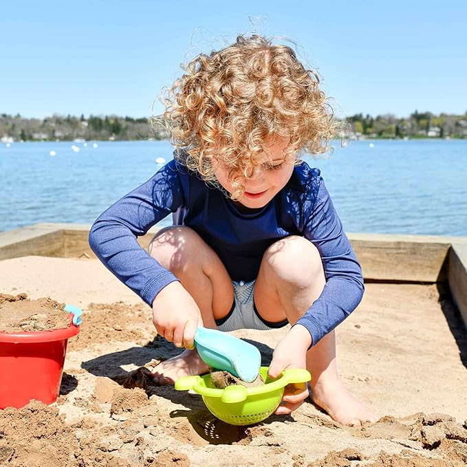 HABA Sand Toys Basic Set - 5 Piece Bundle with Plastic Pail, Sieve, Mold, Scoop and Sifting Shovel Sized just for Toddlers Ages 18 Months +