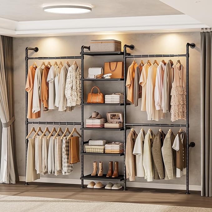T1 Wall Mounted Closet System, Industrial Pipe Clothing Rack with 6 Wooden Shelves & 4 Telescopic Rods, Heavy Duty Closet Organizers and Storage in Wardrobe Closet (Black)