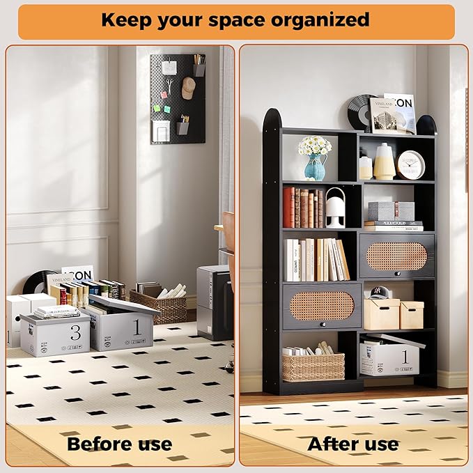 IRONCK 6 Tier Bookshelf and Bookcase with 2 Rattan Design Flip-top Storage Cabinets, 8 Cube Bookcases Display Storage Shelves Organizer for Living Room, 35.4" Black