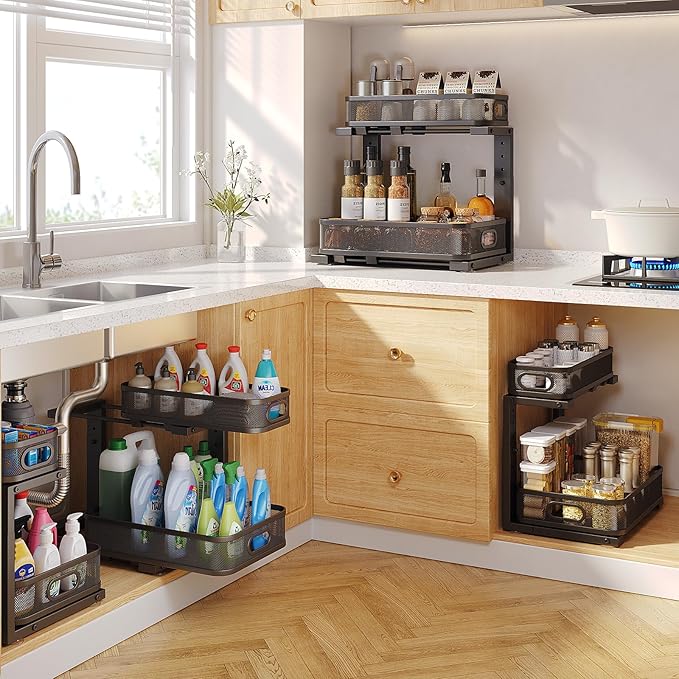 1 Pack 15.7IN-Depth Under Sink Organizer with Smooth Cylindrical Rail,2-Tier Pull Out Multi-Purpose Cabinet Storage for Bathroom&Kitchen,Height Adjustable,Rust-Resistant Coating-Black