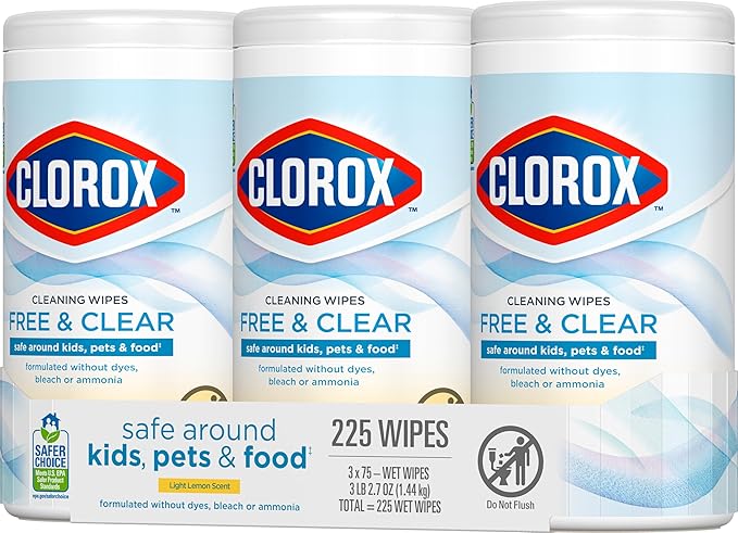 Clorox Free & Clear Cleaning Wipes, Light Lemon Scent, 75 Count, Pack of 3 (Pack May Vary)