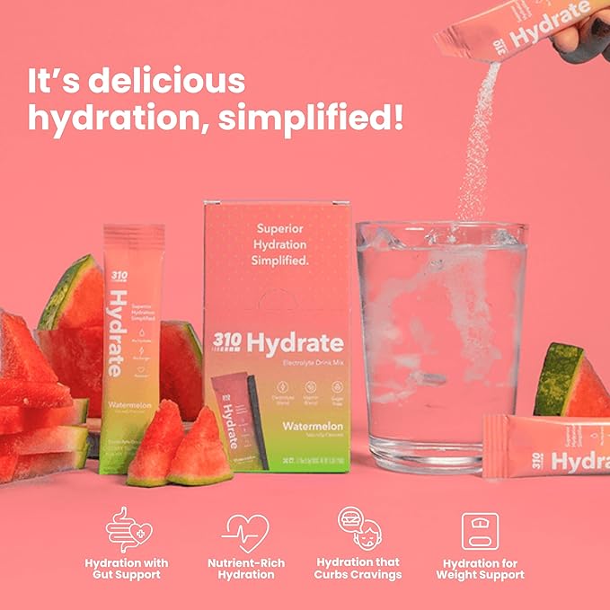 310 Nutrition Sugar Free Electrolytes Powder - Instant Hydration Packets for Daily Fluid Balance - Caffeine-Free Rehydration Drink Mix w/ Vitamins, Low Calorie & Keto Friendly - Watermelon 30 Singles