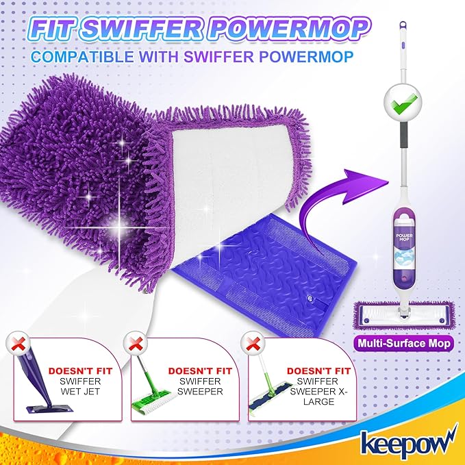 KEEPOW 10 Pack Reusable Pads for Swiffer Power Mop, Refill Pads for Swiffer Power Mop Wood Floor Cleaning, Microfiber Mop Pads for Hardwood Floors